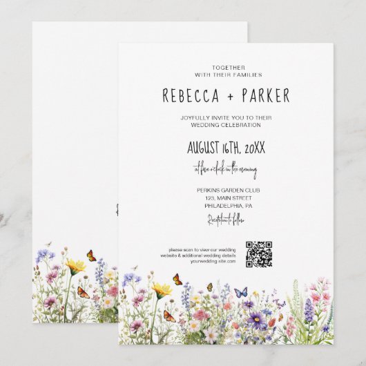 Waterverf kleurrijke wildflower bruiloft kaart (Voorkant / Achterkant)