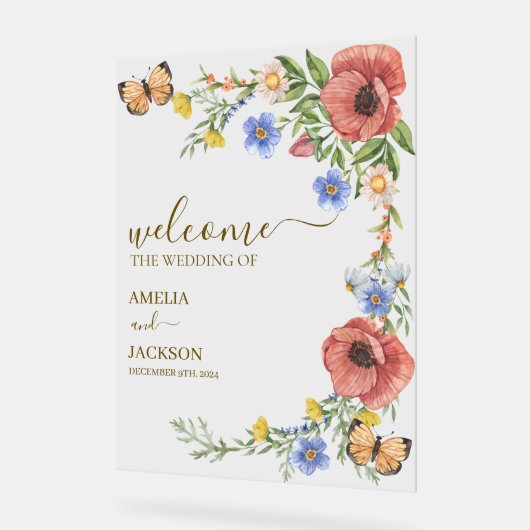 Waterverf kleurrijke Wildflower bruiloft welkom Acryl Bord (Hoek)