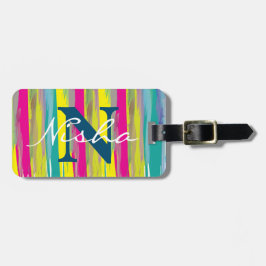 Waterverf Kleurvolle textuur Blauw Monogram Bagagelabel