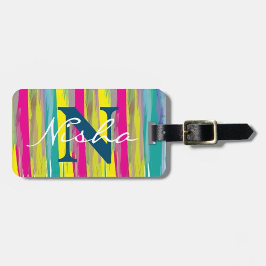 Waterverf Kleurvolle textuur Blauw Monogram Bagagelabel (Voorkant horizontaal)