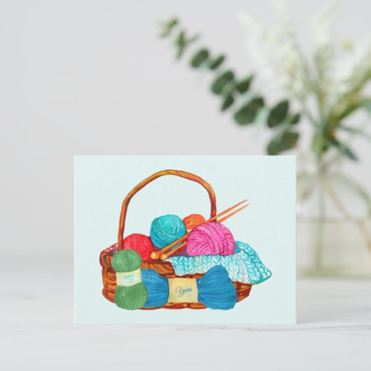 Waterverf Knitting Yarn Basket Briefkaart (Staand voorkant)