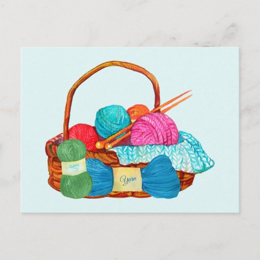 Waterverf Knitting Yarn Basket Briefkaart (Voorkant)