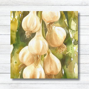 Waterverf Knoflookbollen - Rustieke groene keuken Canvas Afdruk