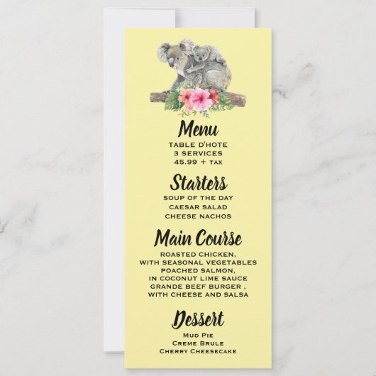 Waterverf Koala Beren Schattige Mam & Baby Menu Kaart (Voorkant)