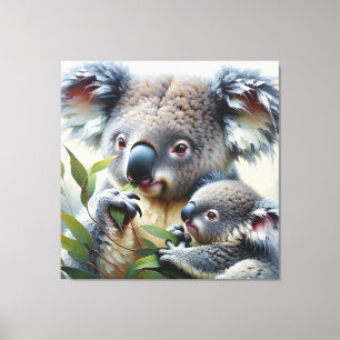 Waterverf Koala en Baby Joey in een boomschilderij Canvas Afdruk