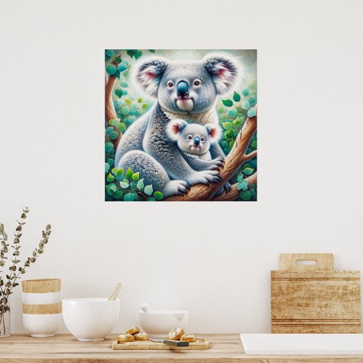 Waterverf Koala en Baby Joey in een boomschilderij Poster (Keuken)
