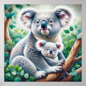 Waterverf Koala en Baby Joey in een boomschilderij Poster (Voorkant)