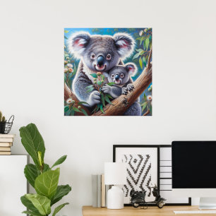 Waterverf Koala en Baby Joey in een boomschilderij Poster