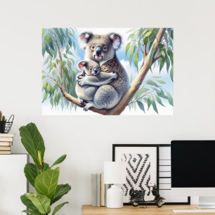 Waterverf Koala en Baby Joey in een boomschilderij Poster