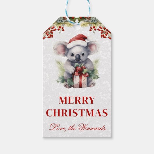 Waterverf Koala en Winter Holly Christmas Cadeaulabel (Voorkant)