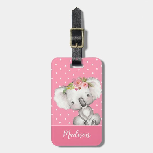 Waterverf Koala Pink Floral gepersonaliseerd Bagagelabel (Voorkant verticaal)