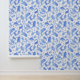 Waterverf Kobaltblauwe Walvis Paisley met Crème Behang