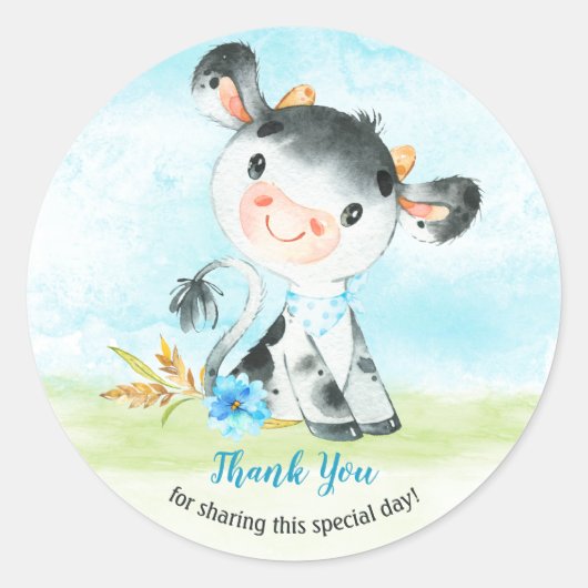 Waterverf Koe Baby shower Boerderij Dank u wel Ronde Sticker (Voorkant)