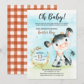 Waterverf Koe Baby shower Boerderij Kaart