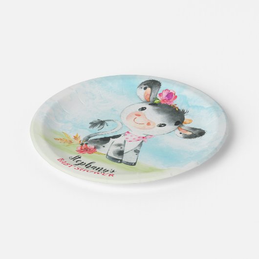 Waterverf Koe Baby shower Boerderij Papieren Bordje (Gekanteld)