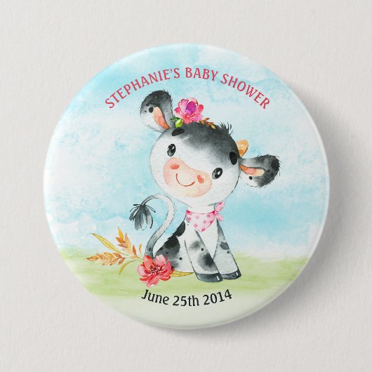 Waterverf Koe Baby shower Boerderij Ronde Button 7,6 Cm (Voorkant)