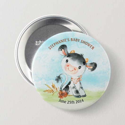 Waterverf Koe Baby shower Boerderij Ronde Button 7,6 Cm (Voorkant /achterkant)