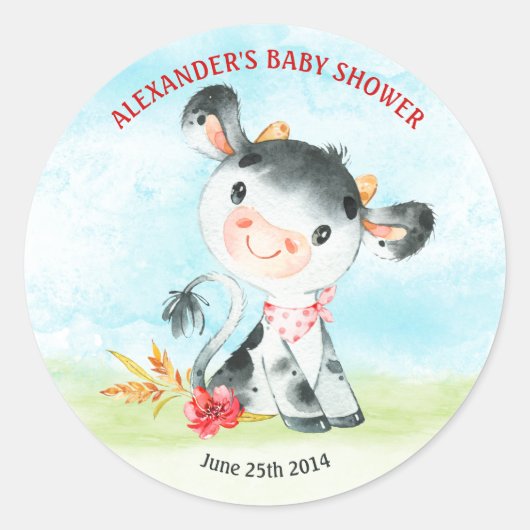 Waterverf Koe Baby shower Boerderij Ronde Sticker (Voorkant)