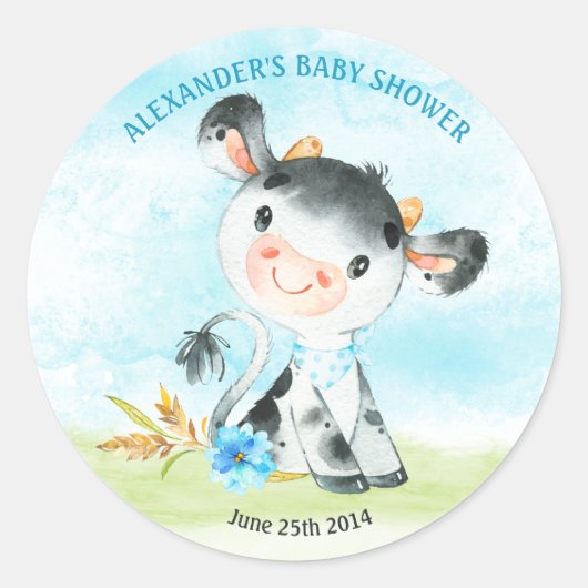 Waterverf Koe Baby shower Boerderij Ronde Sticker (Voorkant)