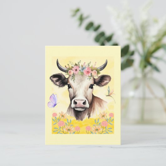 Waterverf Koe Bloemen in een weide Briefkaart (Staand voorkant)