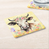 Waterverf Koe Bloemen in een weide Kartonnen Onderzetters (Schuin)