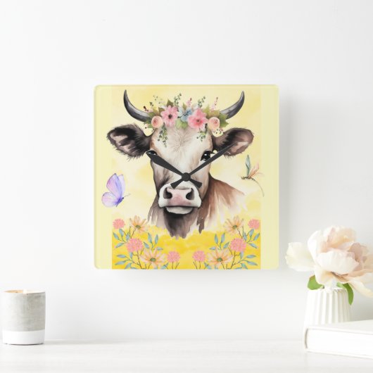 Waterverf Koe Bloemen in een weide Vierkante Klok (Huis)