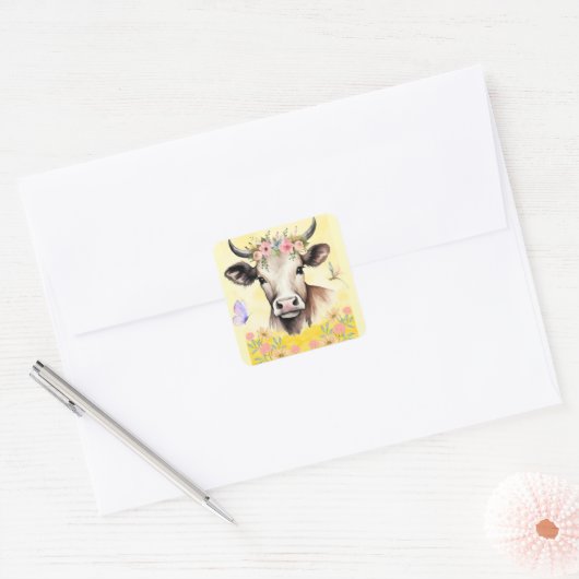 Waterverf Koe Bloemen in een weide Vierkante Sticker (Envelop)