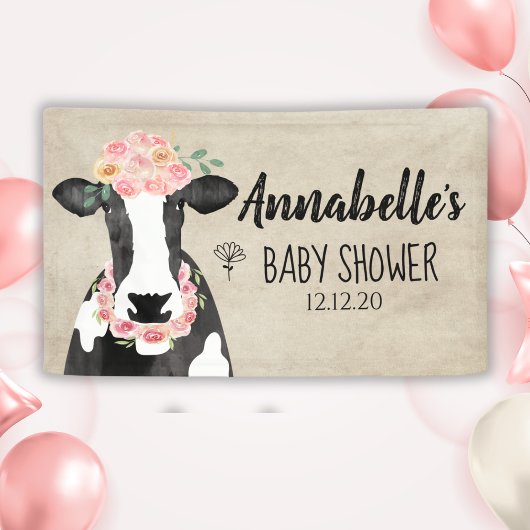 Waterverf Koe Floral Boerderij Baby shower Spandoek