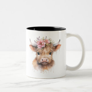 Waterverf Koe Floral Highland Tweekleurige Koffiemok