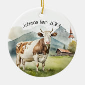 Waterverf Koe in Mountain Valley Keramisch Ornament (Voorkant)