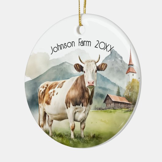 Waterverf Koe in Mountain Valley Keramisch Ornament (Links)