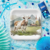 Waterverf Koe in Mountain Valley Papieren Bordje (Feest)