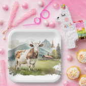 Waterverf Koe in Mountain Valley Papieren Bordje (Feest)