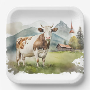 Waterverf Koe in Mountain Valley Papieren Bordje