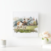 Waterverf Koe in Mountain Valley Vierkante Klok (Huis)