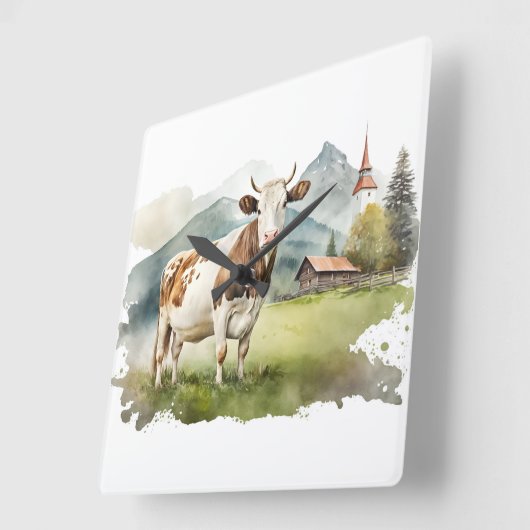 Waterverf Koe in Mountain Valley Vierkante Klok (Hoek)