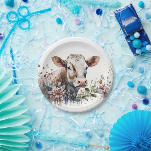 Waterverf Koe in wilde bloemen Papieren Bordje (Feest)