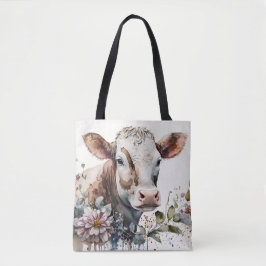 Waterverf Koe in wilde bloemen Tote Bag