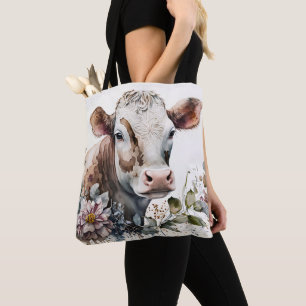 Waterverf Koe in wilde bloemen Tote Bag