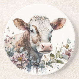 Waterverf Koe in wilde bloemen Zandsteen Onderzetter