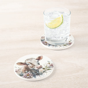 Waterverf Koe in wilde bloemen Zandsteen Onderzetter