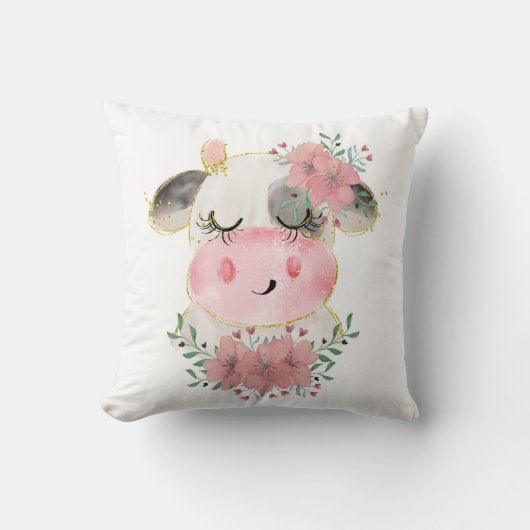 Waterverf Koe met Bloemen Worp Kussen (Voorkant)