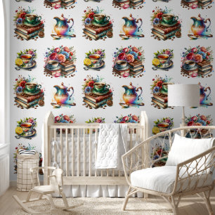 Waterverf Koffie, Thee,  Boeken en Bloemen Behang