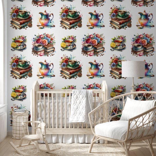 Waterverf Koffie, Thee,  Boeken en Bloemen Behang (Kinderen)