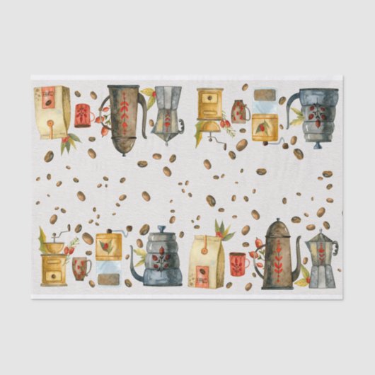 Waterverf  koffiebranderpot mok bonen tissuepapier (Voorkant)