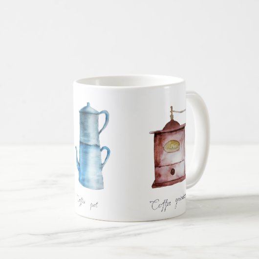 Waterverf koffiebrinder, pot en percolator koffiemok (Voorkant rechts)