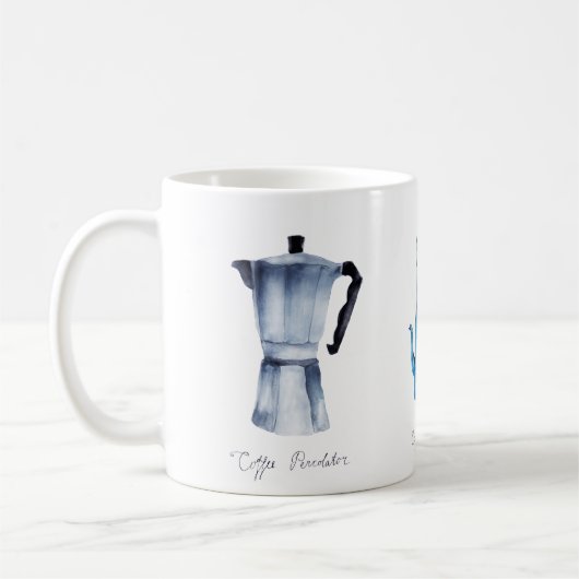 Waterverf koffiebrinder, pot en percolator koffiemok (Links)