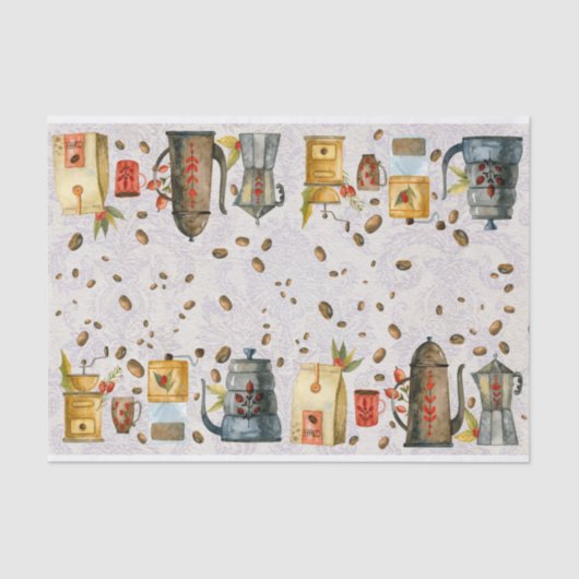 Waterverf koffiebrinder pot mok bonen tissuepapier (Voorkant)