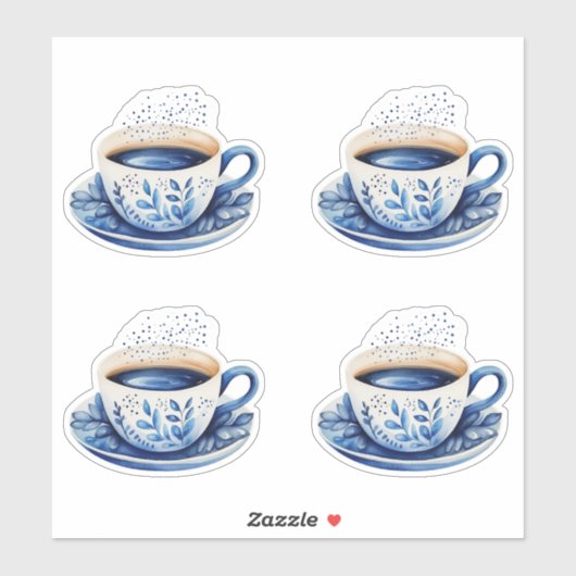 Waterverf Koffiekopjes 5 Blauw Sticker (Vel)