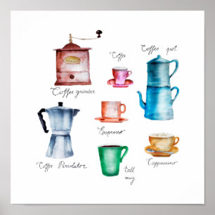Waterverf koffiepot, koffiemolen, kop, mok, Moka p Poster